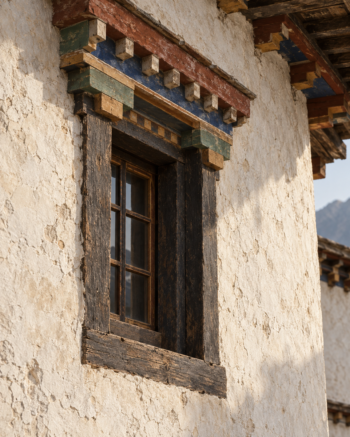 Imagined Tibetan-inspired window with layered red, blue, green and ochre timber framing against textured ivory plaster.