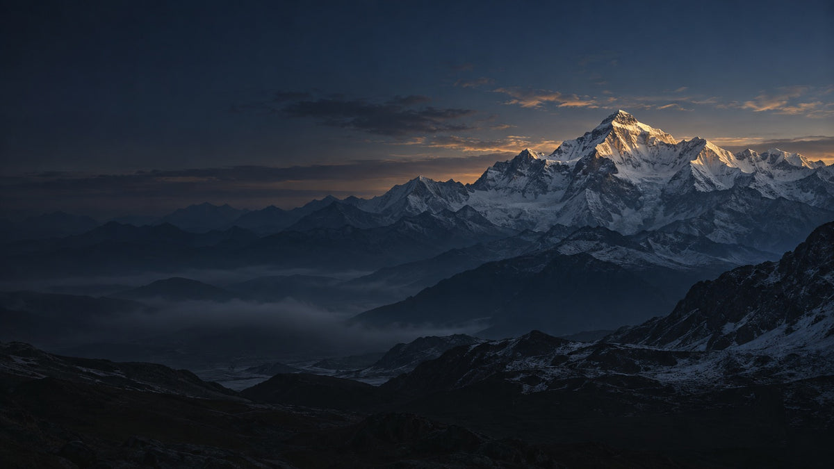 An imagined Himalayan-inspired snow massif with delicate golden summit light above blue dusk ridges.